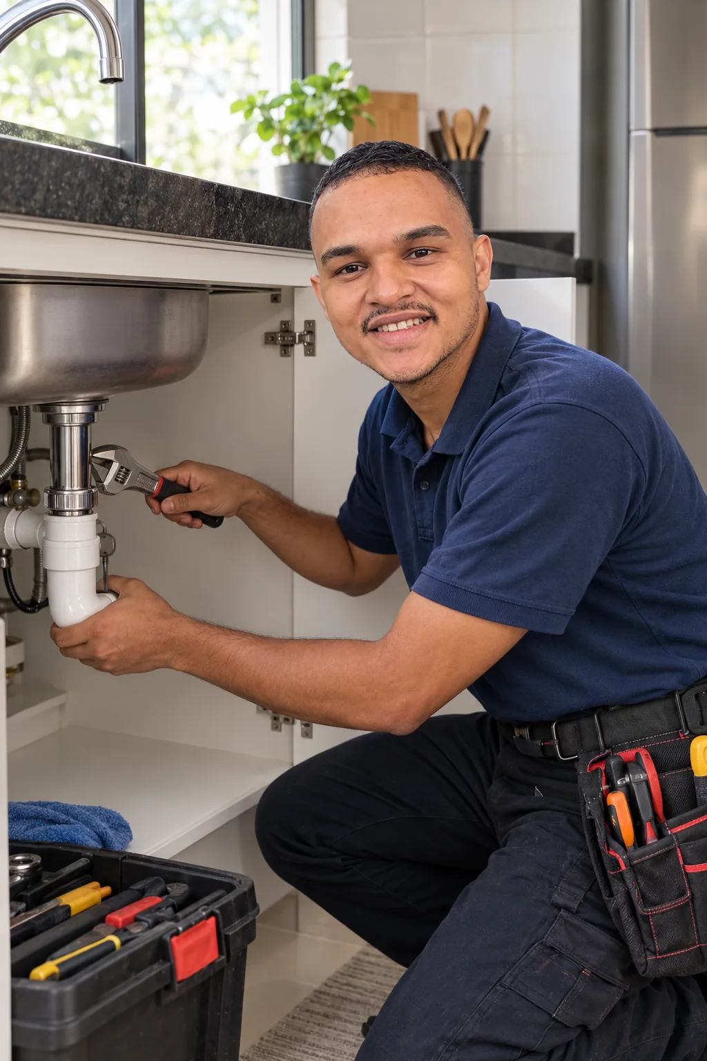 Profissional fazendo reparo hidráulico sob uma pia de cozinha